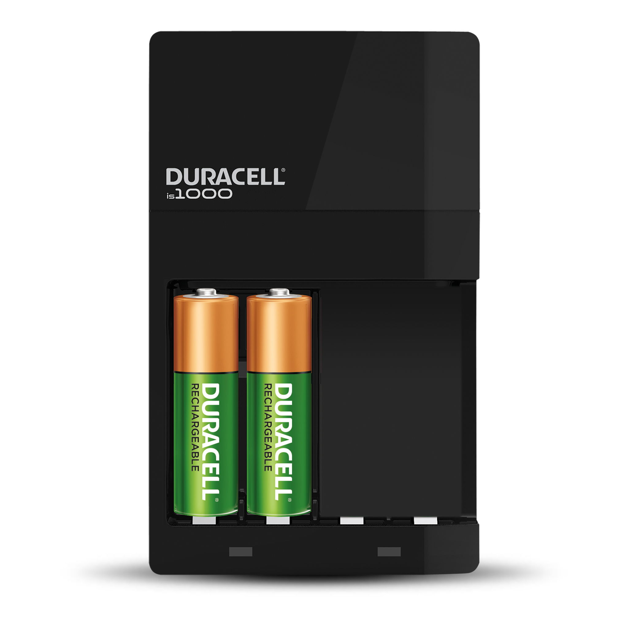 Black recharging unit holding 2 batteries